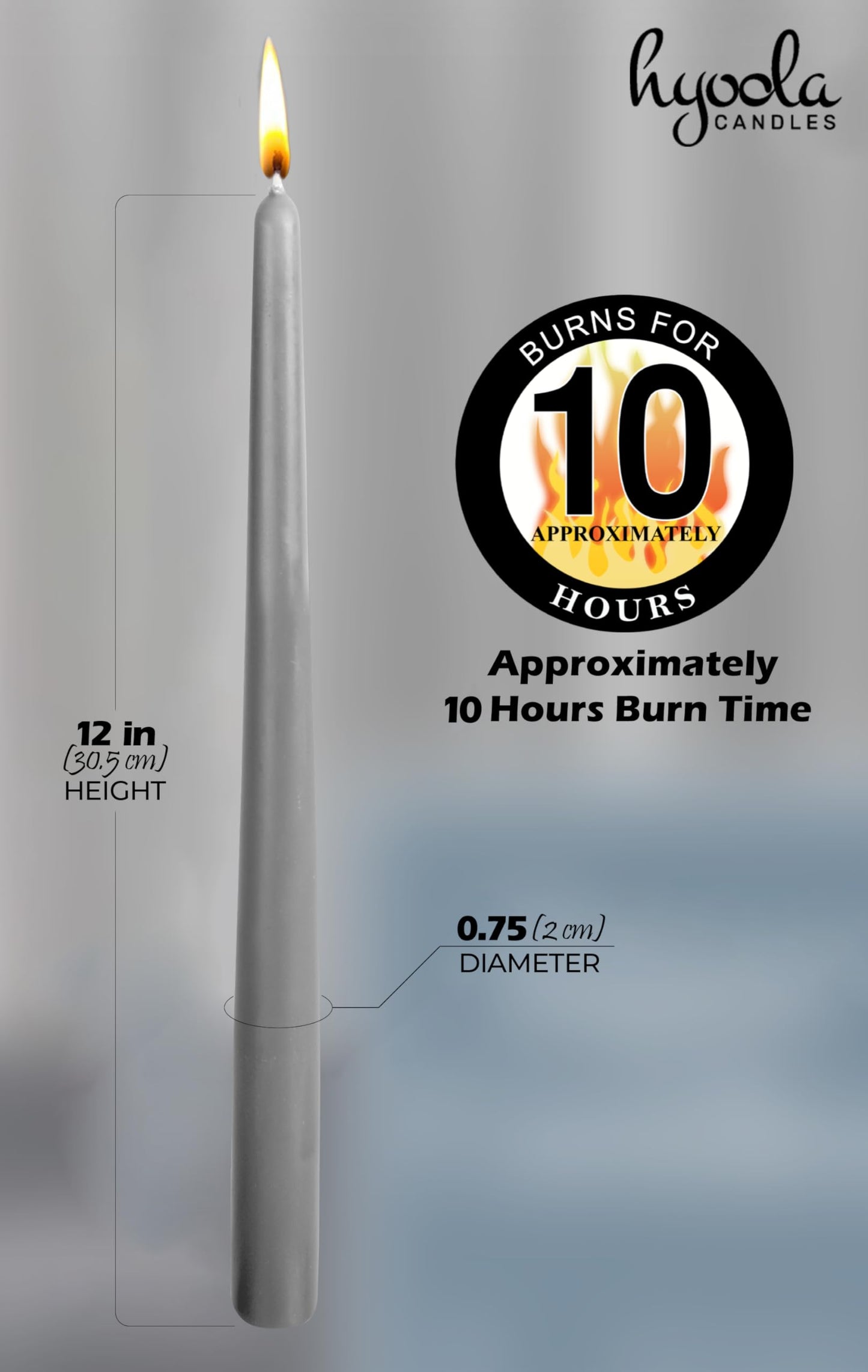Hyoola Tall Taper Candles - 12 Inch Dark Grey Dripless, Unscented Dinner Candle - Paraffin Wax with Cotton Wicks - 10 Hour Burn Time (Pack of 12)