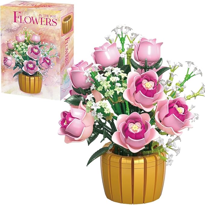 39151 Eternal Pink Rose Building Blocks Flower Set 1056 Pieces of Floral and Plant Series Block Sets Adult Creative Enthusiast Model Gifts and Collectibles Can be Used for Room Decoration