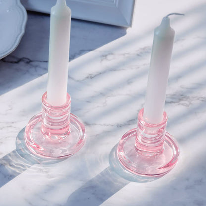12PCS Pale Pink Taper Candle Holders, Glass Crystal Candlestick Holders Bulk, Clear Candle Holders for Dining Table Centerpiece，More Suitable for Weddings