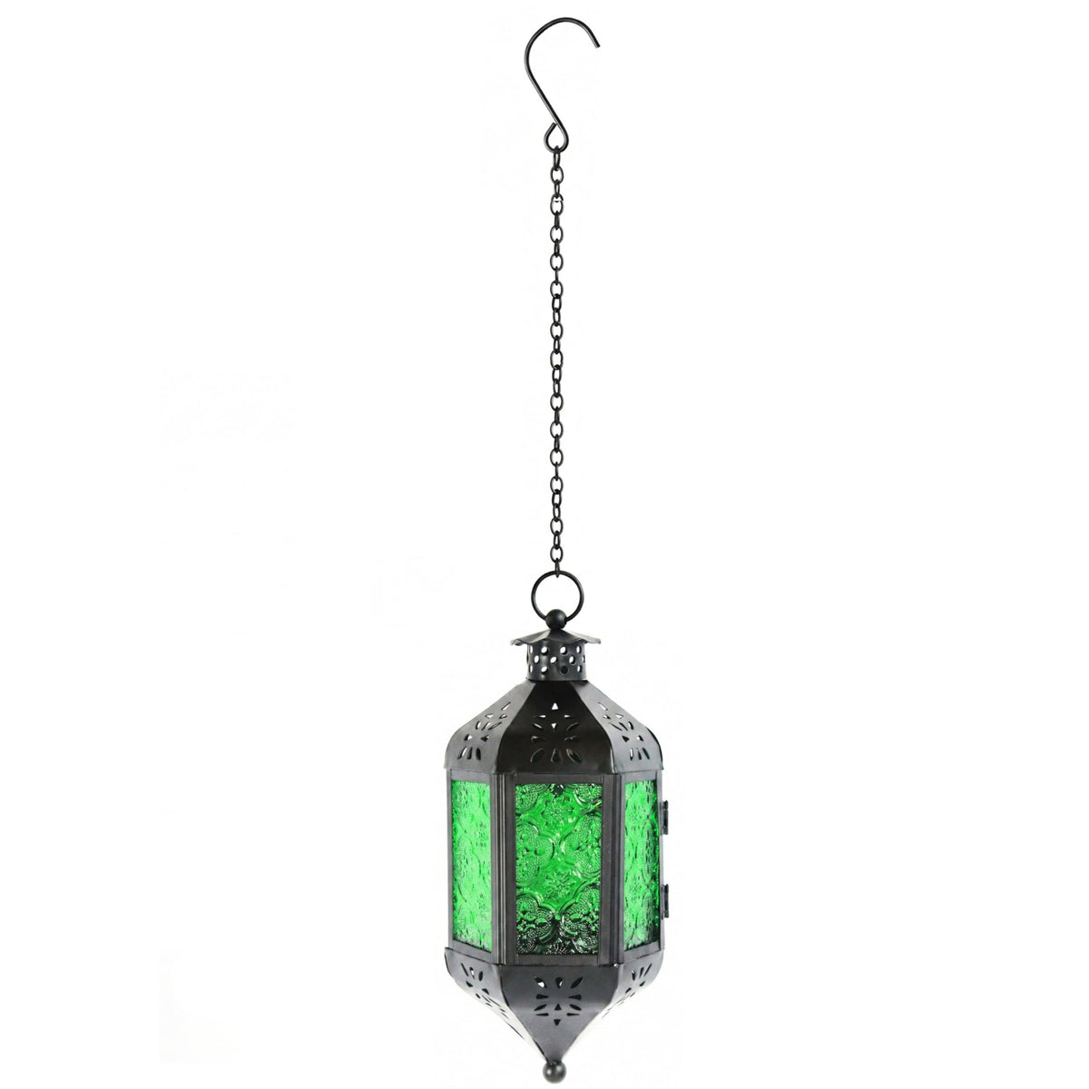 Vela Lanterns Hanging Moroccan Lamp - Exotic Decorative Patio & Porch Decor, Indoor Outdoor Tea Light Candle Lantern Holder with Chain (11" Medium, Green Glass, 2-Pack)