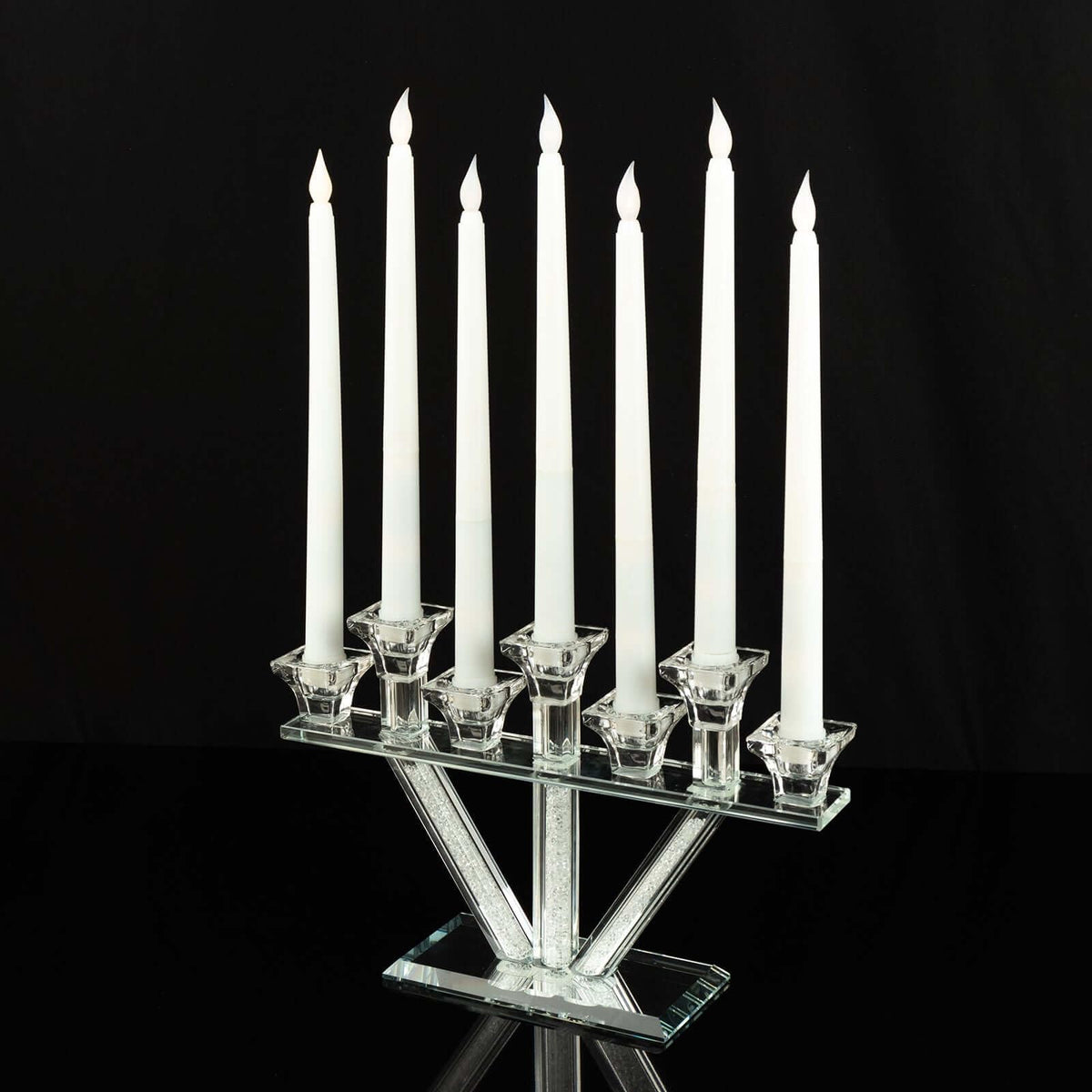 Efavormart 12" Crystal Glass Candelabra with Crystal Filler, 7-Branch Taper Candle Stick Holder Stand with Mirror Rectangular Base