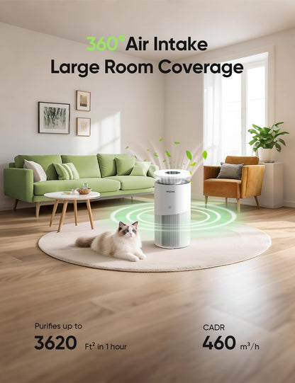Dhyala Air Purifier for Home Large Room up to 3620Ft², H13 True HEPA Air Purifiers for Home Pet Hair Dander Odor Pollen, Air Cleaner with Smart WiFi, 360° Air Intake, Auto Mode, Pet Lock, 22dB Quiet