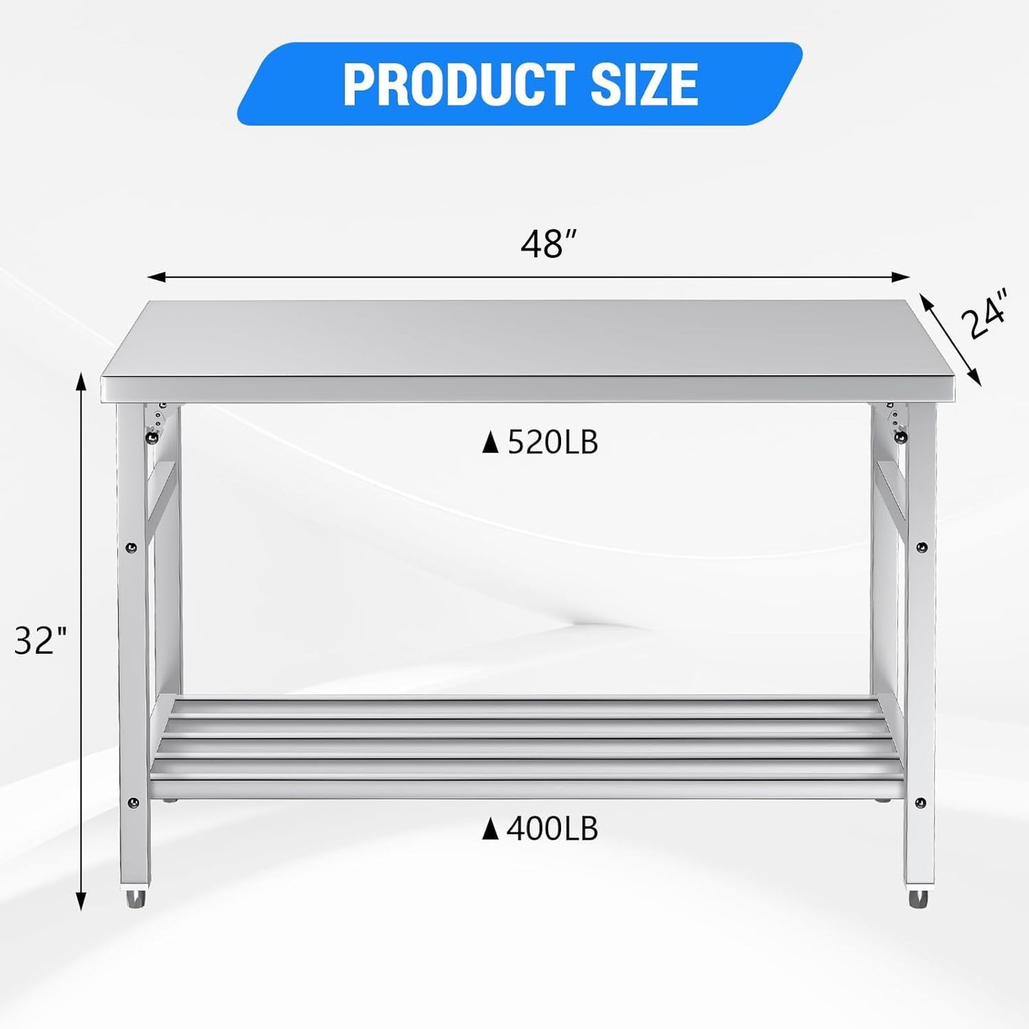 Mioleu Commercial Foldable Heavy Duty Stainless Steel Table, 48 x 24 Inches Metal Prep & Work Desk with Adjustable UnderShelf and Feet for Kitchen Restaurant Home Garage Warehouse