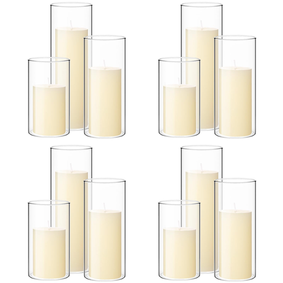 Shihanee Set of 12 Pillar Candles and Glass Cylinder Vases Clear Cylinder CandleHolders for Slim Pillar Candles Wedding Centerpieces(2.6''x 4.7'', 5.9'', 7.9'',Ivory White)