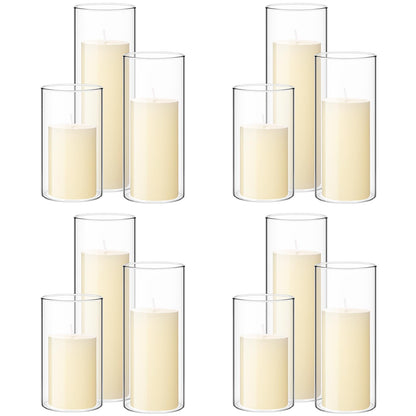 Shihanee Set of 12 Pillar Candles and Glass Cylinder Vases Clear Cylinder CandleHolders for Slim Pillar Candles Wedding Centerpieces(2.6''x 4.7'', 5.9'', 7.9'',Ivory White)