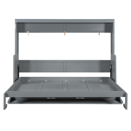 Ball & Cast Murphy Bed Queen Size Hideaway Beds with Hydraulic Lift & Desk Design,Industrial Multifunction Wood Wall Cabinets Bedframe W/Hardware Chain,Space-Saving for Apartment,Gray