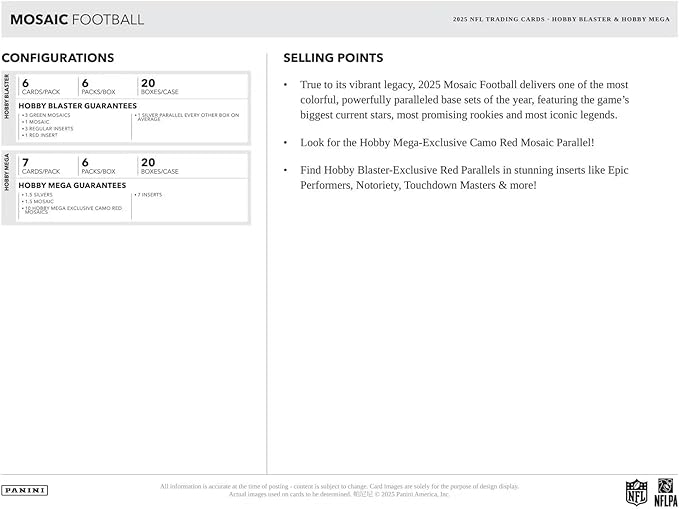 Panini 2025 Mosaic Football 6-Pack Hobby Blaster Box (1 Green Mosaic Per Blaster Box)