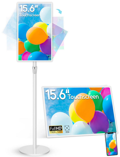 15.6" Digital Signage with 10000mAh Battery, Capacitive Touchscreen Advertising Display, Adjustable Stand, Android 13 Commercial LCD Monitor with Auto Play, Wireless Screen Mirroring, 4+64GB, White