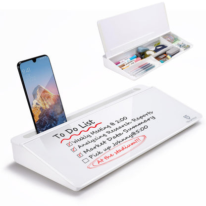 TSJ OFFICE Small Desktop Whiteboard -Glass Dry Erase Board Computer Keyboard Stand White Board Surface Pad with Drawer, Desk Organizers with Accessories for Office, Home, School Supplies - White