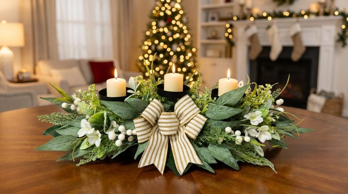 Candle Holder Centerpiece for Table,3 Wick Candle Holder with Artificial Gypsophila Flower,Artificial Eucalyptus Leaves Magnolia Holly Berries and Striped Bow for Table Centerpiece Decor,Dining Room