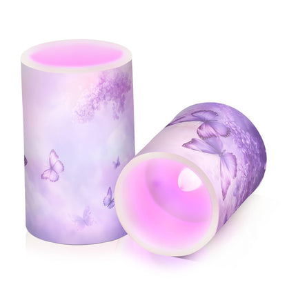 WEVIBOFU Purple Lilac Butterfly Flowers Flickering Flameless Candles LED Battery Operated with Remote Timer Pillar Candles for Home Birthday Wedding Christmas Decor, Set of 2