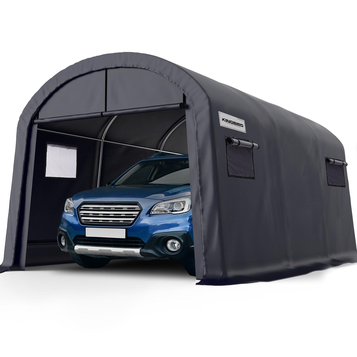 KING BIRD 10' x 15' Round Style Garage Carport Shelter Heavy Duty Storage Shelter Portable Canopy Shed with Roll-up Ventilated Windows for Boat, Patio Furniture and Lawn Mower-Dark Gray
