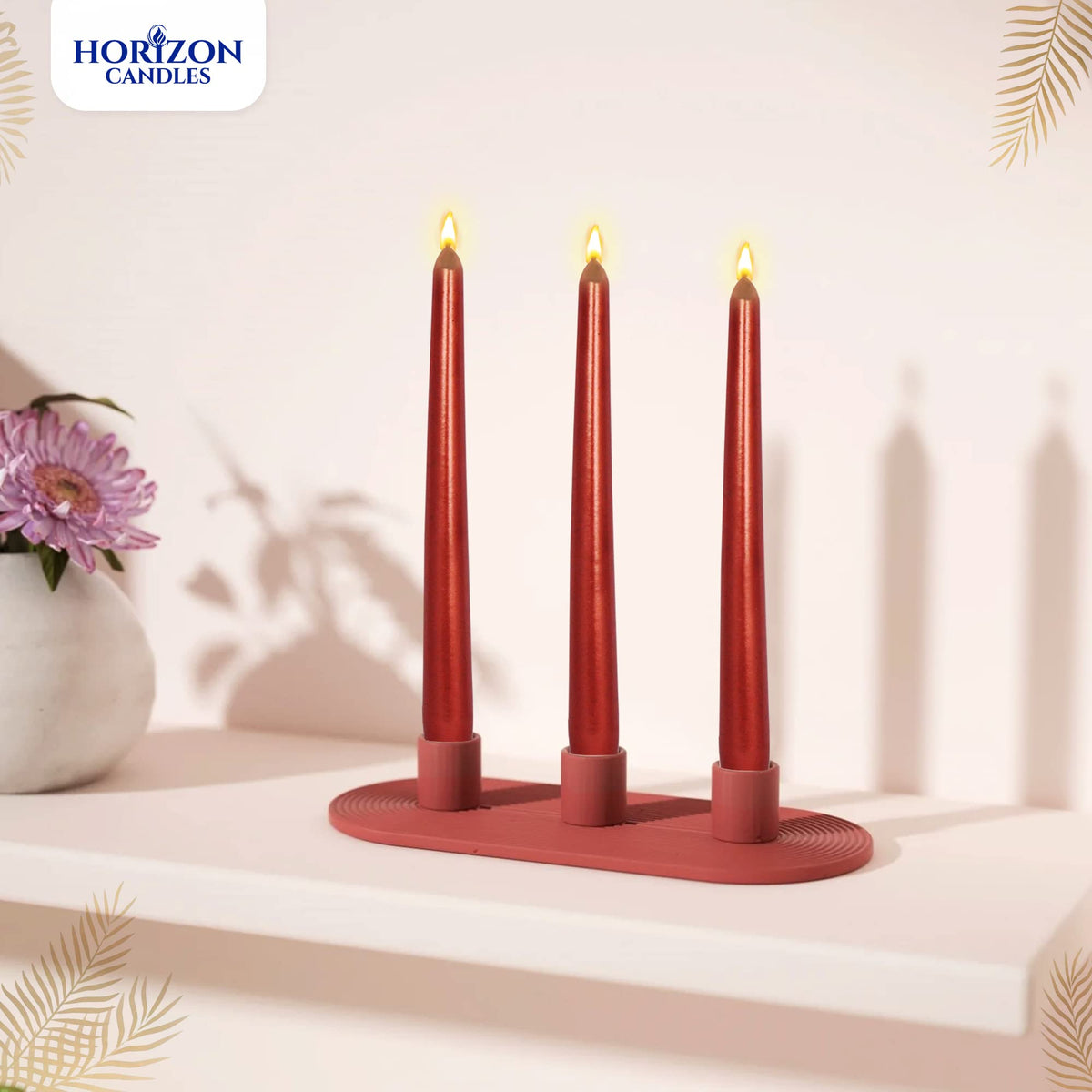 Horizon Unscented 10-Piece Taper Candle Set – 9 Hours Burning Time Smokeless & Dripless Candles for Centerpieces at Wedding, Holiday Dinners, Festive Parties and Home Decor - Metallic Red