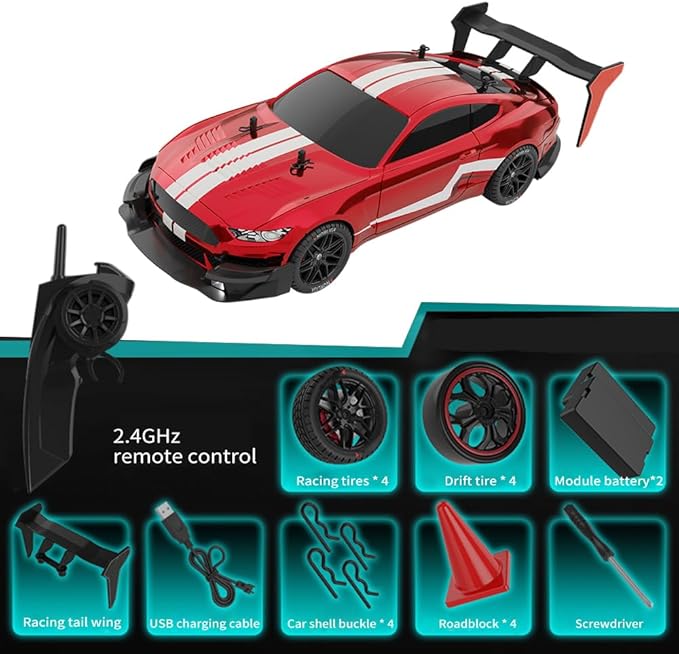 RC Drift Car 1:14 4WD 40KM/H High Speed RC Racing Car with LED Lights 2 Batteries Drifting and Racing Tires for Adults (Red)