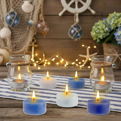 Sea Salt Scented Tea Light Candles 12 Pack Gradient Blue Hand Poured Smokeless 4 Hours Clean Burning Small Round Clear Cup Tealight Candles for Nautical Dinner Wedding Spa Yoga Meditation Cozy Evening