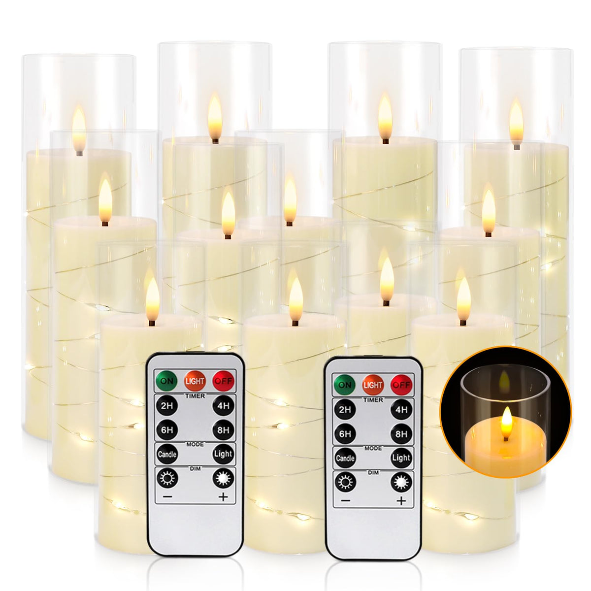 YOROXRG Flickering Flameless Candles Battery Operated with Remote, LED Pillar Candles with Realistic Moving Wick for Halloween, Christmas, Home Decor Pack of 12 (D2.2 x H 5" 6" 7") Ivory
