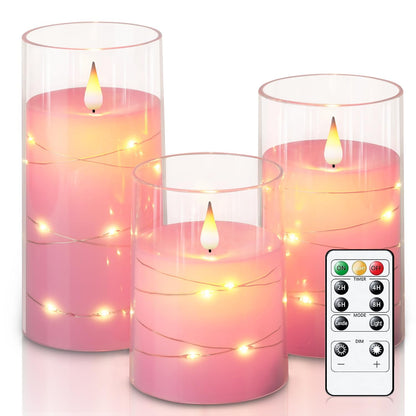 Homemory Flickering Flameless Candles with String Lights, Battery Operated Candles, Embedded String Lights LED Candles, Unbreakable Plexiglass Candle with Remote, Set of 3, Pink