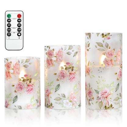 Silverstro Rose Flameless Candles with Remote Real Wax Blinks Glass Battery Operated Candles - Home Party Wedding Thanksgiving Christmas Summer Decor - Set of 3