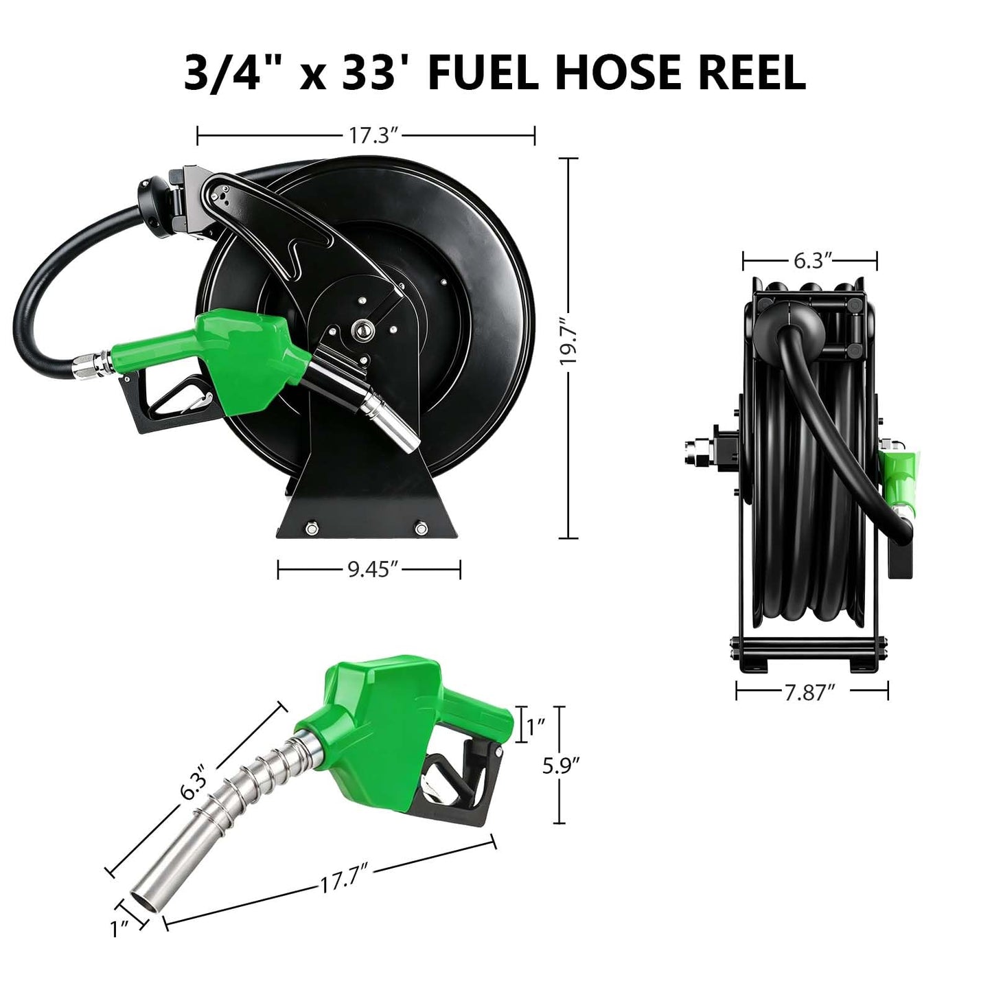 3/4" x 33ft Fuel Hose Reel Black, Extra Thick Steel, 300PSI Diesel Fuel Transfer Hose, 3/4 Inch Retractable Hose Reel with Fuel Nozzle Working with Pump & Tank