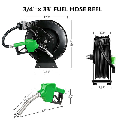 3/4" x 33ft Fuel Hose Reel Black, Extra Thick Steel, 300PSI Diesel Fuel Transfer Hose, 3/4 Inch Retractable Hose Reel with Fuel Nozzle Working with Pump & Tank