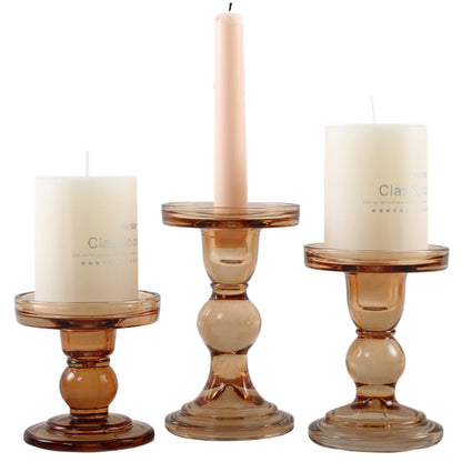 GMWD 3 Pcs Glass Candle Holder Set Clear, Amber Candlesticks Holders Pillar Taper Candles Tealight Stand for Wedding Centerpieces Home Decorations Dining Table