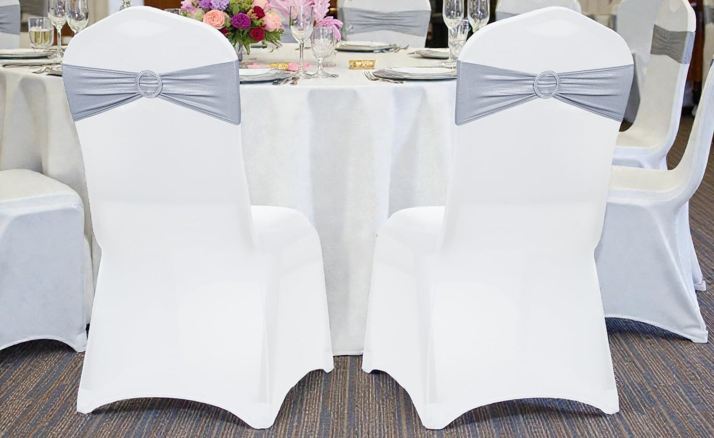 MDS Spandex Foil Chair Sashes - Universal Elastic Stretch Bands with Buckle for Weddings | Metallic Silver, Pack of 200