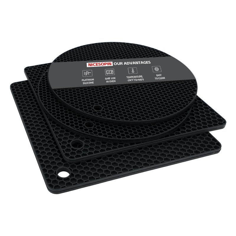 NICESOPIN 4 Pack Silicone Pot Holders & Hot Pads - Heat Resistant Non-Slip Mats for Kitchen Countertops, Trivets for Hot Dishes, Dishwasher Safe & BPA-Free (Black)