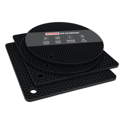 NICESOPIN 4 Pack Silicone Pot Holders & Hot Pads - Heat Resistant Non-Slip Mats for Kitchen Countertops, Trivets for Hot Dishes, Dishwasher Safe & BPA-Free (Black)