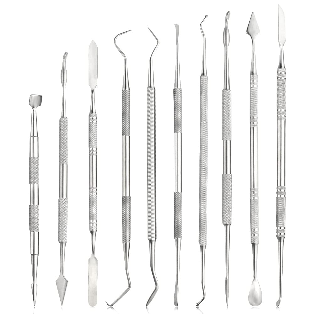 TOVOT 10PCS Stainless Steel Clay Sculpting Tools Metal Sculpting Tools Double-Side Clay Modeling Tools Wax Carving Tools (Silver-2)