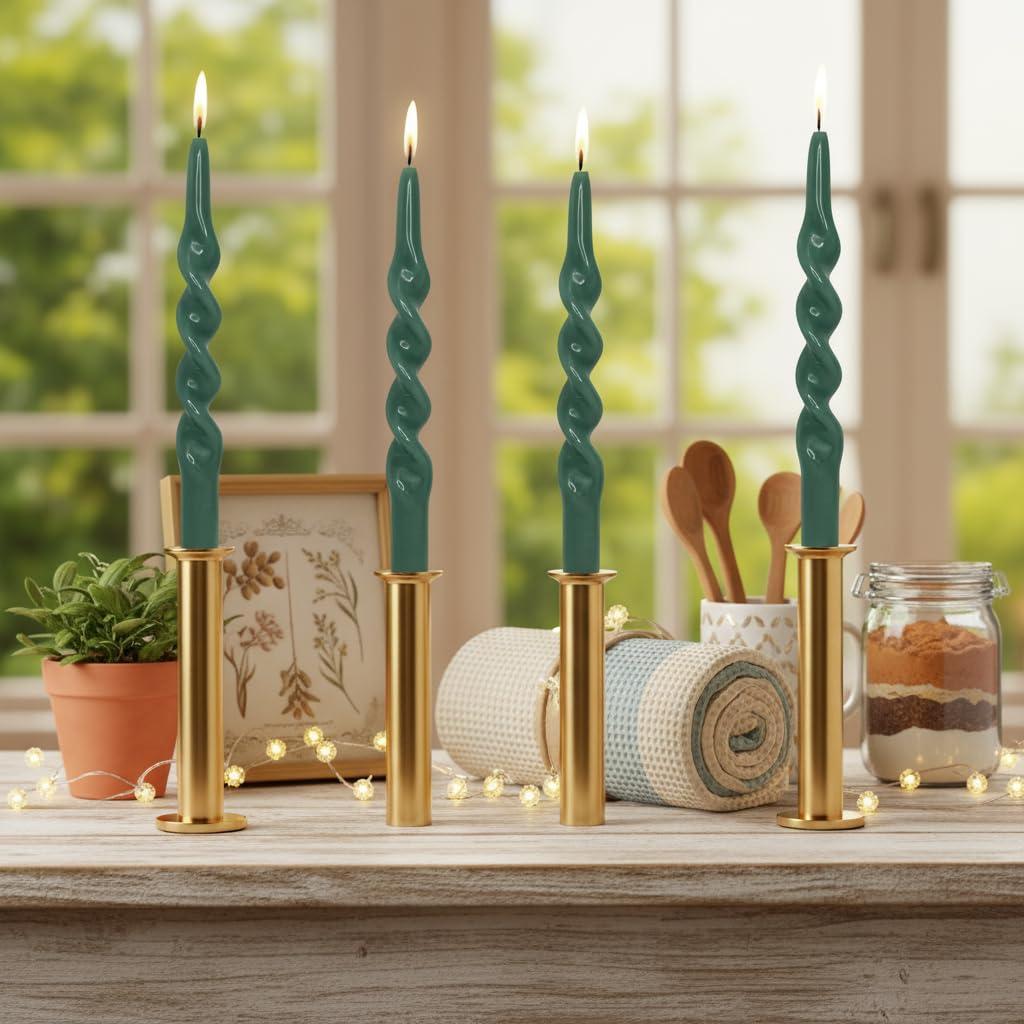 Spiral Candle Unscented Taper Candles Sticks Dark Green 10 inch Tall Tapered Candles 4 PCS Smokeless Twisted Dinner Candle for Meditation Home Kitchen Wedding Cozy Evenings Decorations