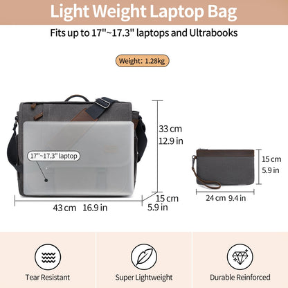 Nerlion Messenger Bag for Men 17-17.3 Inch Laptop Bag Canvas Water-resistant Computer Bag Shoulder Bag Work Briefcase Bookbag for College (Gray)