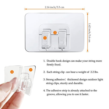 Gripalix Outdoor String Lights Hooks 90Pcs Christmas Light Clips for Outside Clear Cable Clips Heavy Duty Adhesive Wall Hooks for Roof Gutters Transparent Lamps Hanger Waterproof Wire Holder