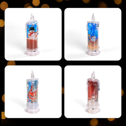 SupBri Flameless LED Candles Set of 4 with Santa Claus, Snowman Decals - Battery Operated Christmas Themed Festival Gift Decorations