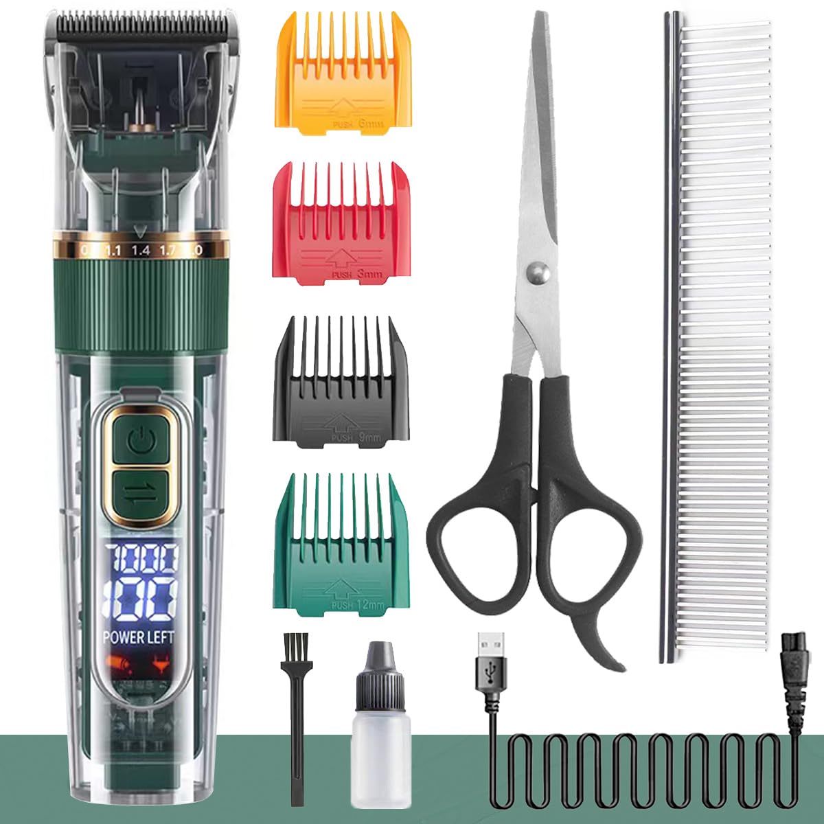Dog Hair Clippers,Dog Grooming Clippers Kit with Led Display,Pet Clippers Grooming for Dogs Thick Coats,Low Noise Heavy Duty Pet Hair Shaver Trimmers (Green)
