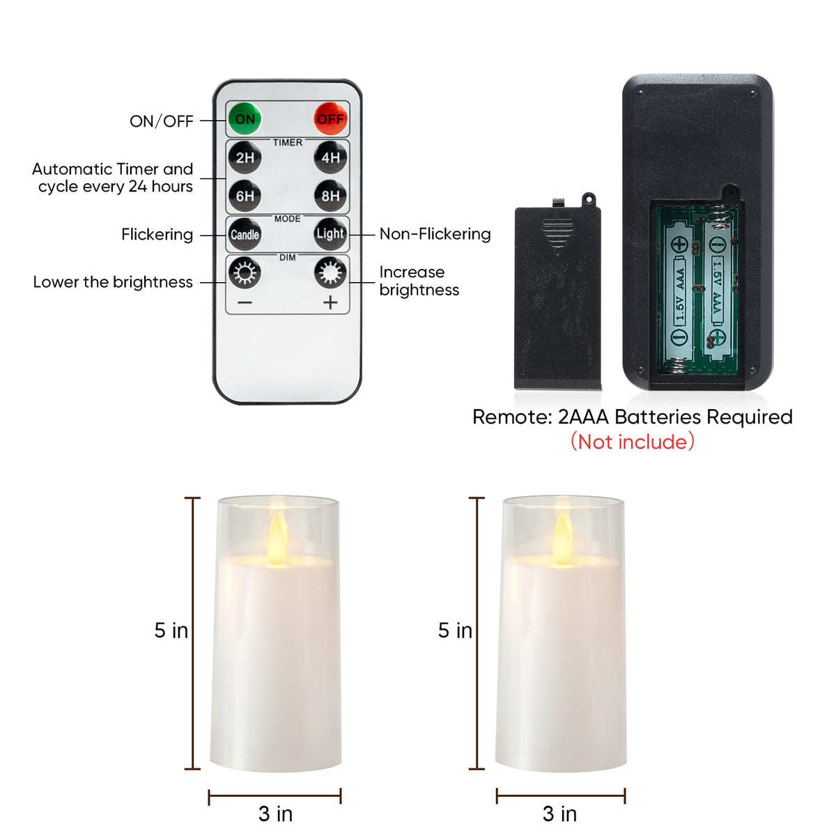 Amagic 3"×5" White Flameless Candles with Remote and Timer, Realistic Flickering Battery Operated Acrylic Led Fake Candles for Home Wedding Party Fall Christmas Decor, Set of 2