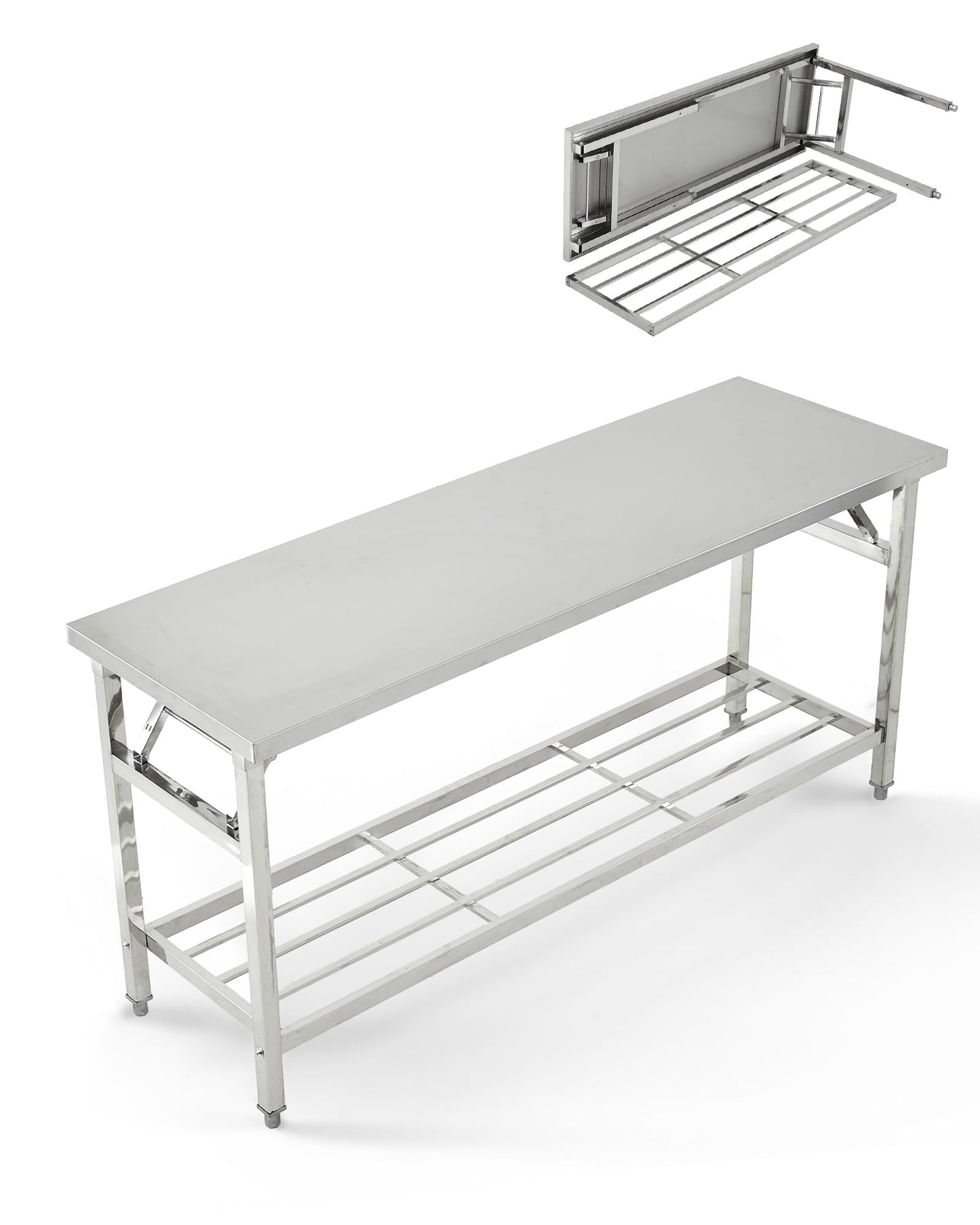 Commercial Stainless Steel Folding Table with Undershelf，48 x 30 Inch Heavy-Duty Kitchen Island Worktable Workstation for Food Prep, Restaurant, Catering & Home Use | Portable Work Table for Kitchen,