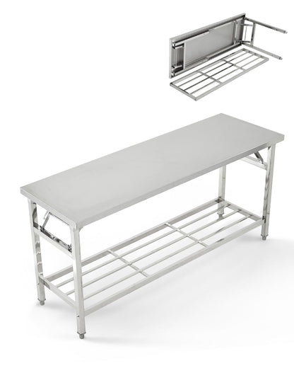 Commercial Stainless Steel Folding Table with Undershelf，48 x 30 Inch Heavy-Duty Kitchen Island Worktable Workstation for Food Prep, Restaurant, Catering & Home Use | Portable Work Table for Kitchen,