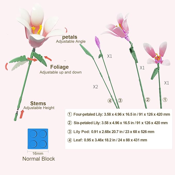 Lily Flower Kit for Adults Artificial Flower Bouquet Set Mini Building Bricks for Gifts/Home Decor Botanical Collection (Pink)