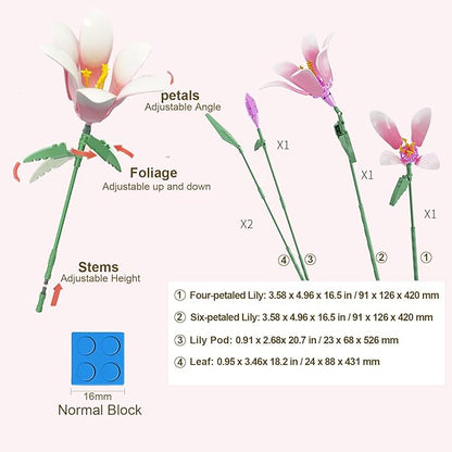 Lily Flower Kit for Adults Artificial Flower Bouquet Set Mini Building Bricks for Gifts/Home Decor Botanical Collection (Pink)