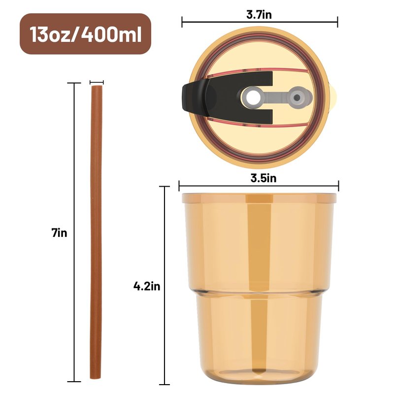 Luxfuel 13 oz Tumbler Water Glass Cups with Straw & Lid, Reusable Iced Coffee, Tea Cups, Leak-Proof Thick Wall Travel Glass Tumbler for Home, Office, Car Cup Holder Friendly, BPA Free (Amber, 2 Pack)