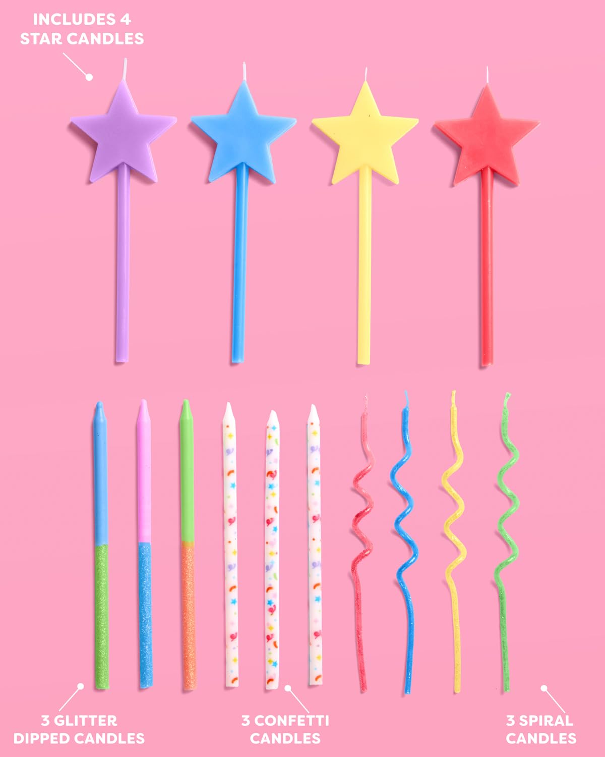 xo, Fetti Fun Novelty Birthday Candles - 14 Piece Set | Star Shaped, Glitter, Pastel Rainbow, Party Decorations, Celebrations, Sparkle, Unique Candles