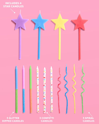 xo, Fetti Fun Novelty Birthday Candles - 14 Piece Set | Star Shaped, Glitter, Pastel Rainbow, Party Decorations, Celebrations, Sparkle, Unique Candles