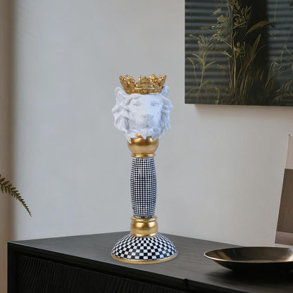 Crowned Animal Candlestick Holder Black & White Checkerboard Taper Candle Holder with Gold Accents Eclectic Resin Statue for Modern Home Decor, Table Centerpiece