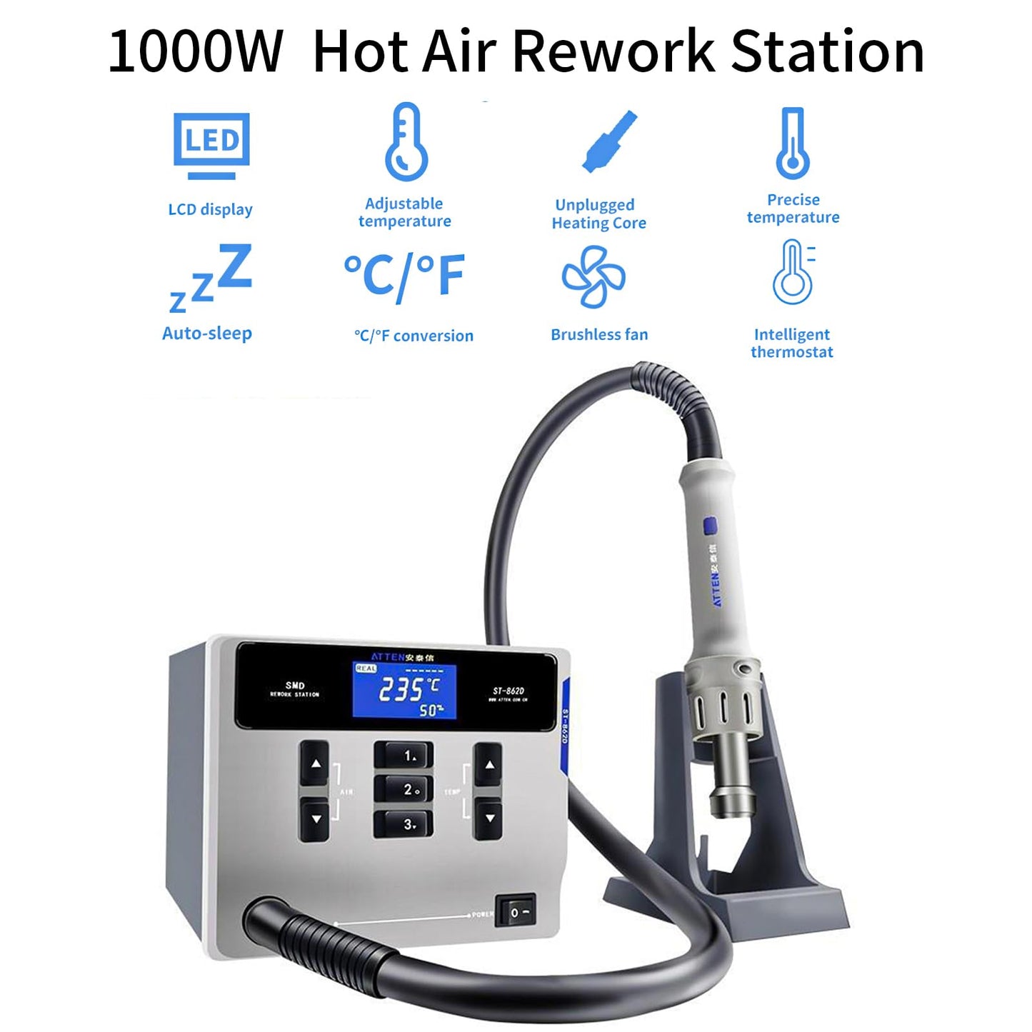 Hot Air Rework Station,1000W Digital Display Automatic Sleep Hot Air Gun Soldering Station, Adjustable Temperature Desoldering Gun BGA Rework Station