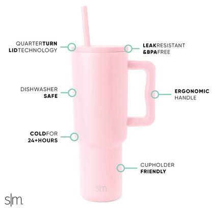 Simple Modern 40 oz Trek Tumbler with Handle and Straw Lid | Cup Holder Friendly Insulated Stainless Steel Travel Mug | Blush