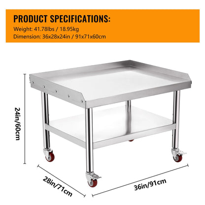Garvee Stainless Steel Commercial Work Table with Wheels– 36x28 in, 1000 Lbs Capacity, Adjustable Shelf, Heavy Duty Grill Stand Prep Station for Professional Kitchen, Restaurant or Home