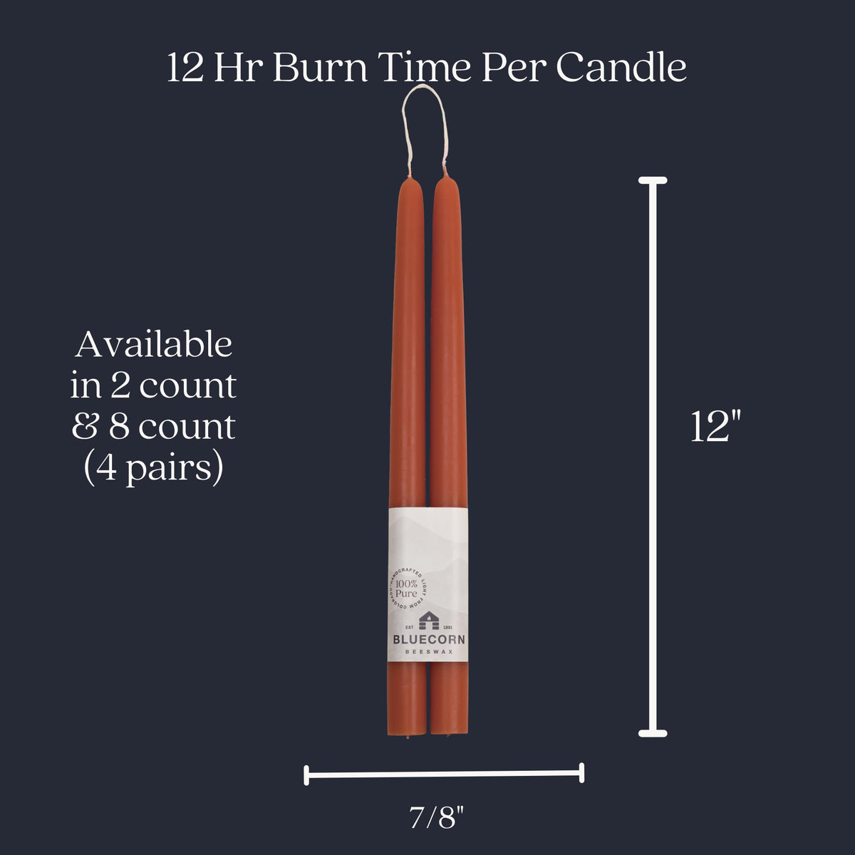 Bluecorn Beeswax Taper Candles, 100% Pure Natural Bees Wax, Pair of 12 Inch Terracotta Tapered Candlesticks, Clean Burning & Dripless, Fragrance Free, Long Lasting, Home Decor, American Made, 1 Count