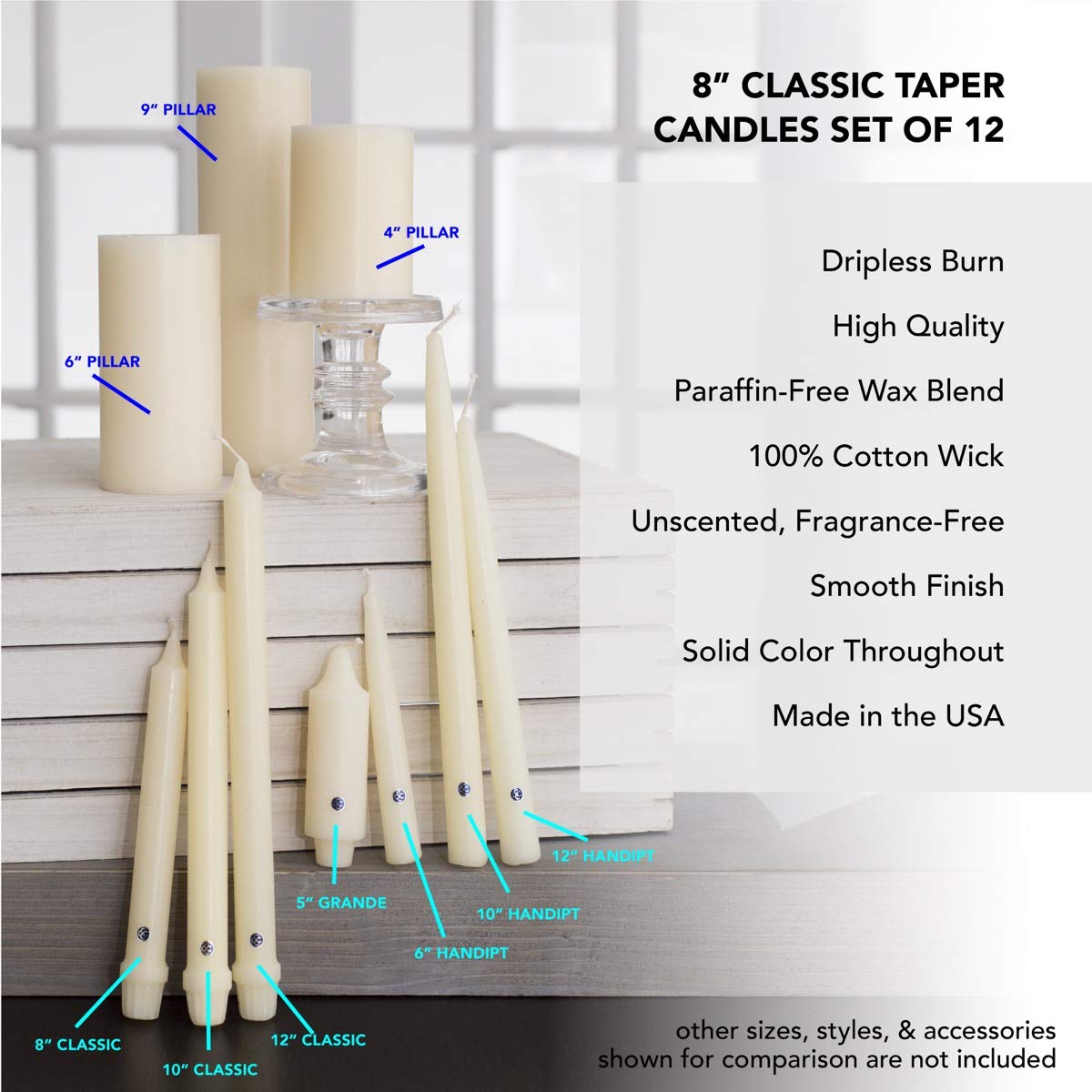 Colonial Candle Unscented Taper Candle, Classic Collection, Coastal Blue, 8 in, Pack of 12 - Up to 6 Hours Burn