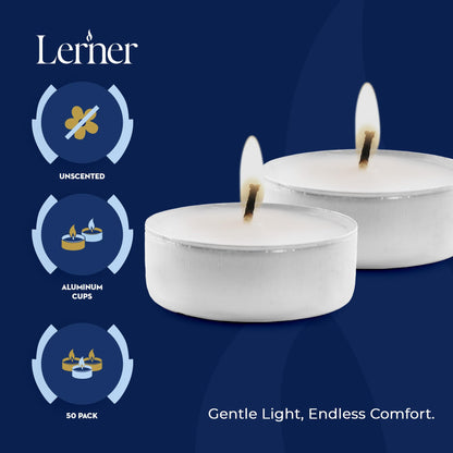 Lerner Tealight Candles, 100 Count| 4.5 Hours Long-Burning White Tea Light Candles| Non-Toxic, Smokeless & Soot-Free Tea Light Warmer Candles | Unscented Party, Décor, Shabbat Tea Candles