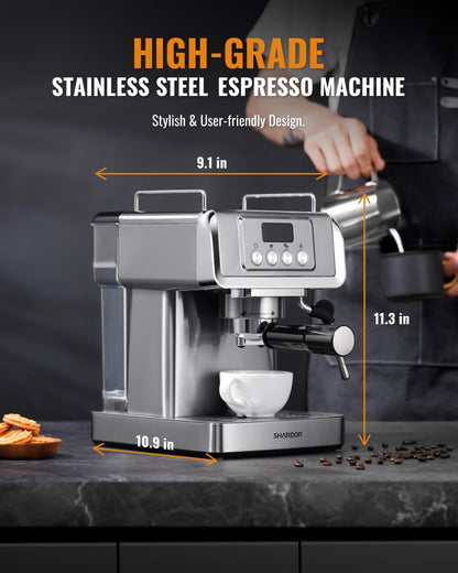 SHARDOR 20-Bar Espresso Machine for Home Barista, Espresso Coffee Maker with Temp Display, Built-In Steam Wand for Latte & Cappuccino, Stainless Steel, 1350W, 60oz Water Reservoir